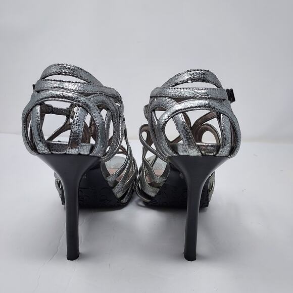 Calvin Klein Silver Strappy Peep Toe Heels Size 6.5 - Picture 3 of 8